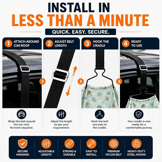 Car Cradle Hanger Belt Set | Adjustable Nylon Jhula Hanging Strap with Metal Hooks